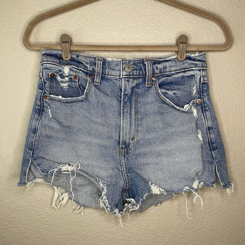 Abercrombie & Fitch 27/4 The Mom Short High Rise Distressed Denim Jean Cut Off